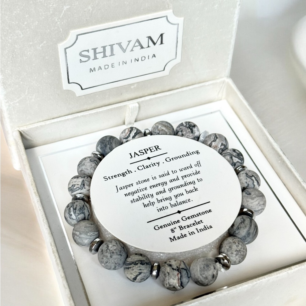 Shivam Jasper Bracelet  - Beaded Bead STRETCH BRACELET Silver-Tone